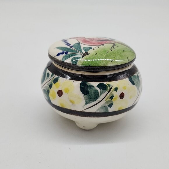 Mexican Hand Painted Ceramic Trinket Box With Floral & Red Bird 3" Diameter - Picture 4 of 8